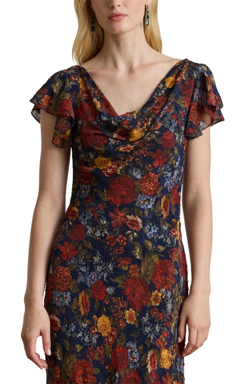 Ralph Lauren Floral Clipped Jacquard Cowlneck Gown In Brown