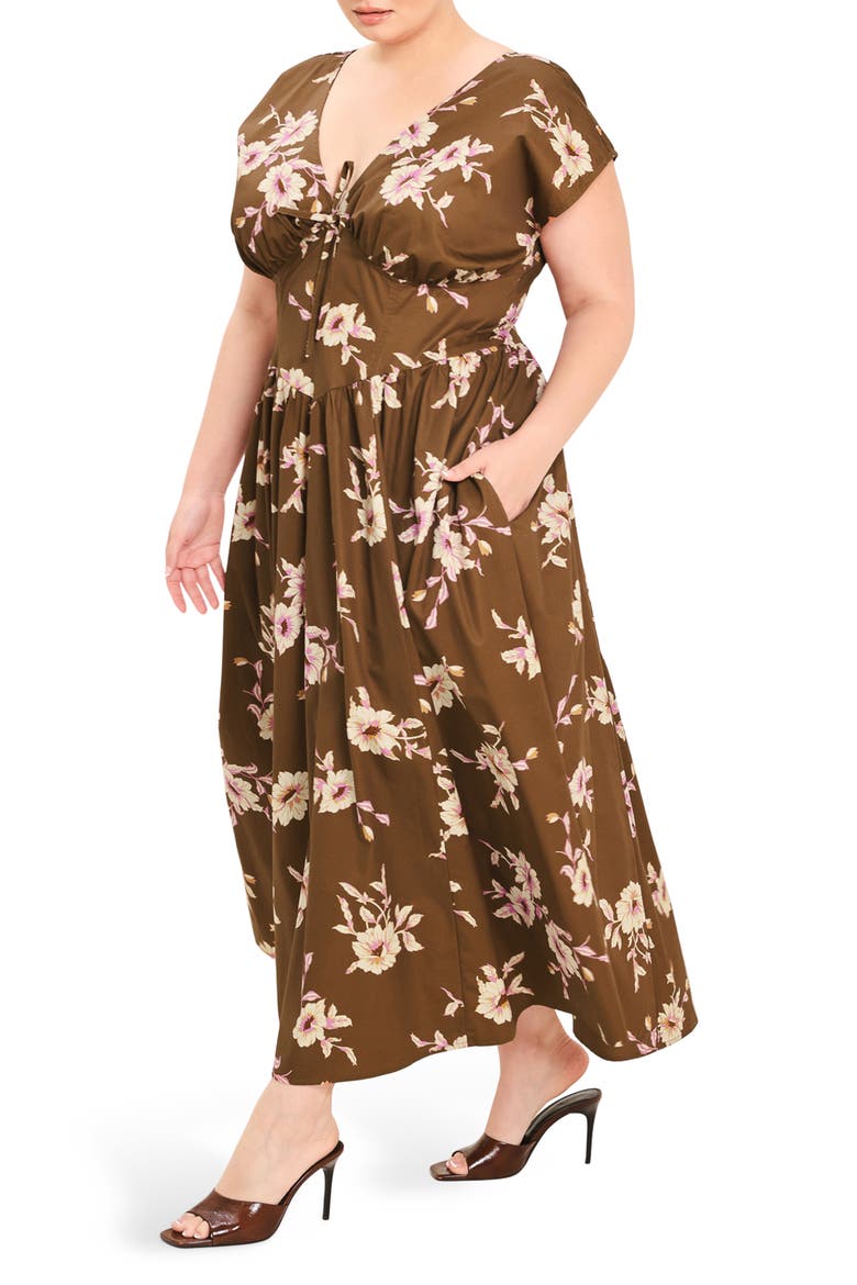 Floral V-Neck Midi Dress, Alternate, color, BROWN FLORAL