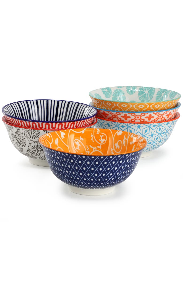 Elama Roxey 6 Piece Assorted Design 20oz Porcelain Footed Bowl Set color, Main, color, Multi
