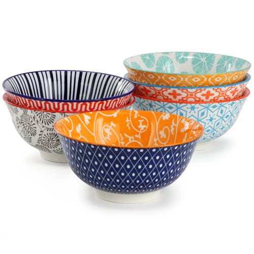 Elama Roxey 6 Piece Assorted Design 20oz Porcelain Footed Bowl Set Color In Multi