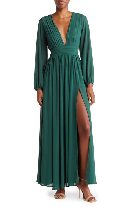 Iris Plunge Neck Long Sleeve Maxi Dress