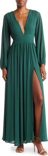 BY DESIGN Iris Plunge Neck Long Sleeve Maxi Dress Nordstromrack