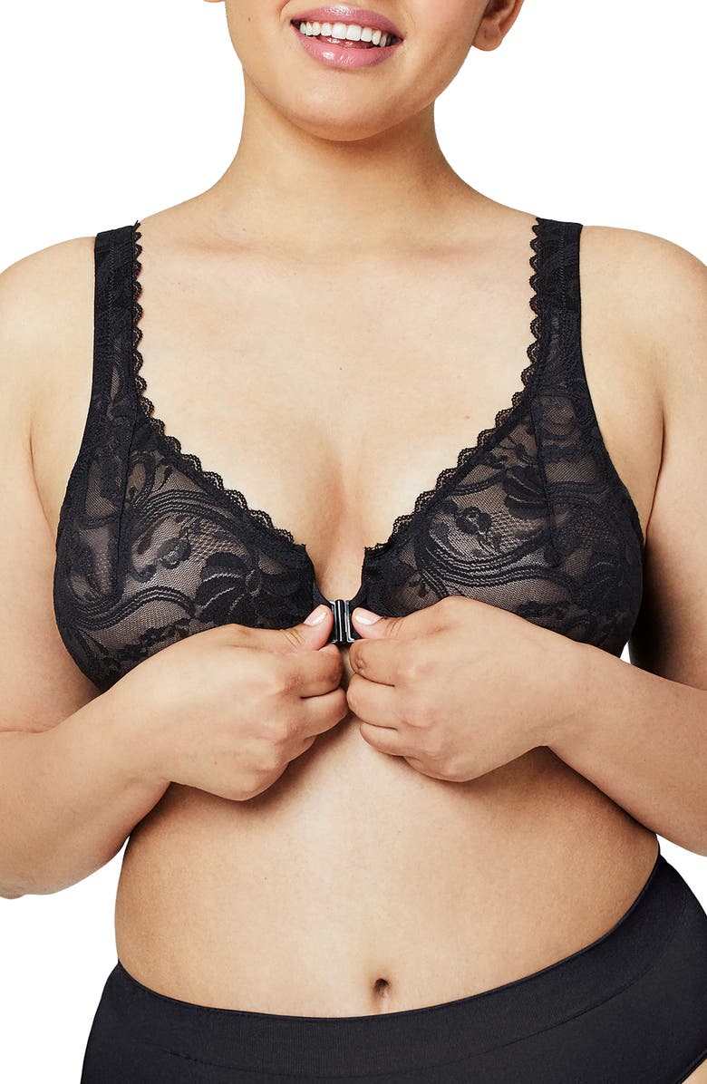 Glamorise WonderWire<sup>®</sup> Front Close Stretch Lace Underwire Bra, Alternate, color, Black