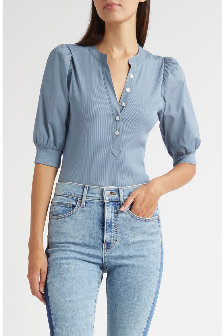 Coralee Puff Sleeve Mixed Media Henley Top, Main, color, LAKE MIST