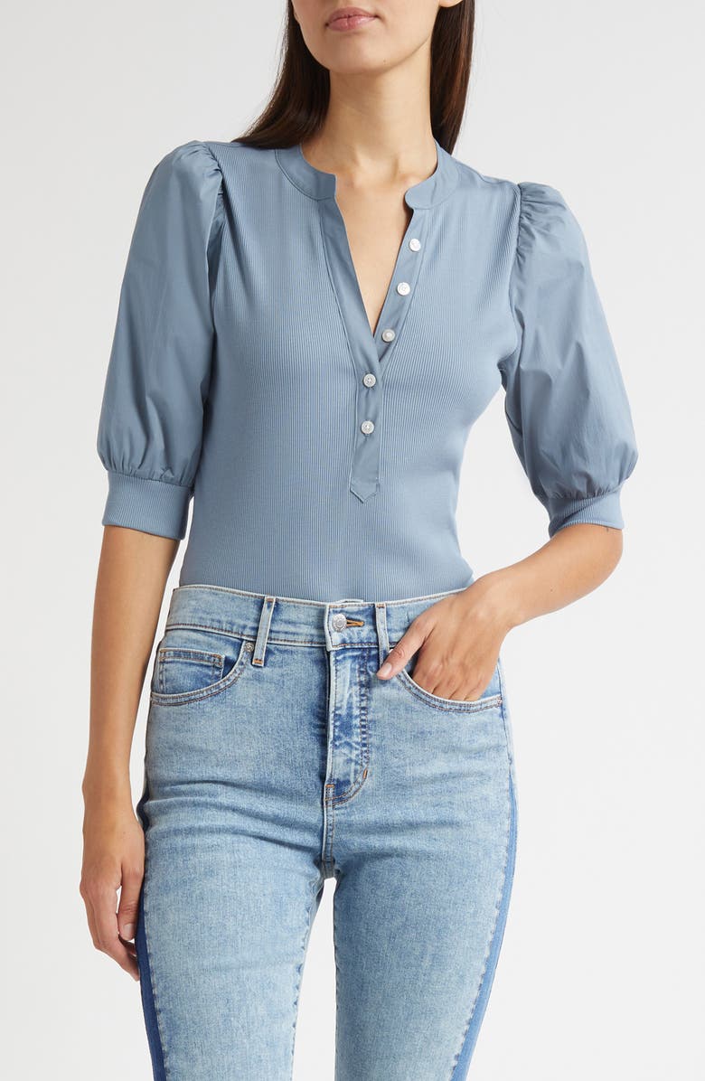 Veronica Beard Coralee Puff Sleeve Mixed Media Henley Top, Main, color, Lake Mist