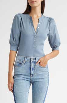 Veronica Beard Coralee Puff Sleeve Mixed Media Henley Top