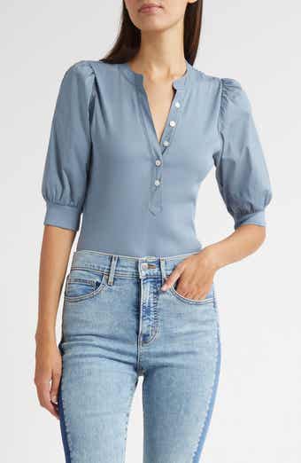 Veronica Beard Coralee Puff Sleeve Mixed Media Henley Top