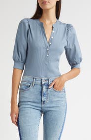 Veronica Beard Coralee Puff Sleeve Mixed Media Henley Top