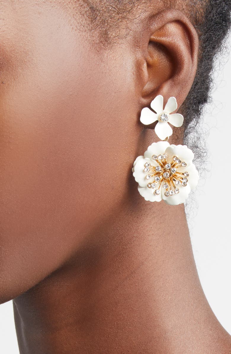 Carolina Herrera Floral Dangle Drop Earrings, Alternate, color, White
