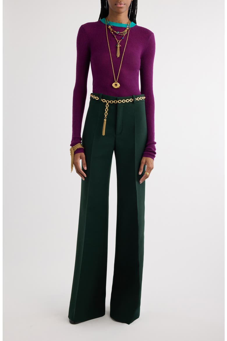 Virgin Wool Crêpe Flare Leg Trousers, Alternate, color, NIGHTFALL GREEN