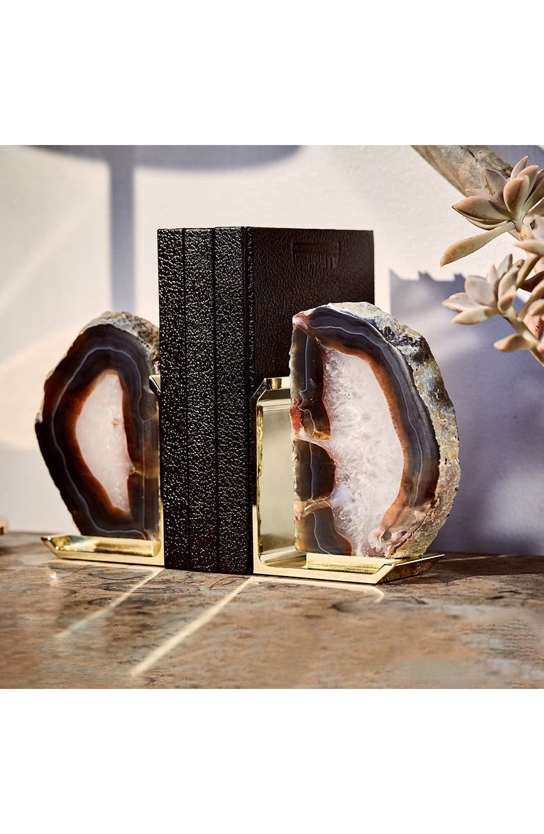 ANNA New York Fim Set of 2 Bookends, Alternate, color, Natural Agate Brass
