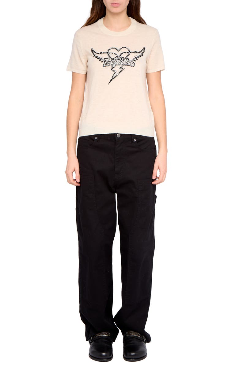 Zadig & Voltaire Idal Aero Heart Crystal Embellished Short Sleeve Cashmere Graphic Sweater, Alternate, color, Eggshell