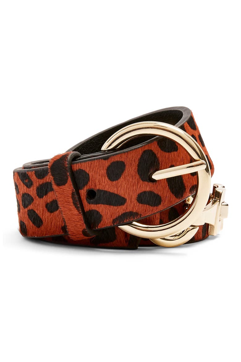 Leopard Print Genuine Calf Hair Belt, Main, color, RUST