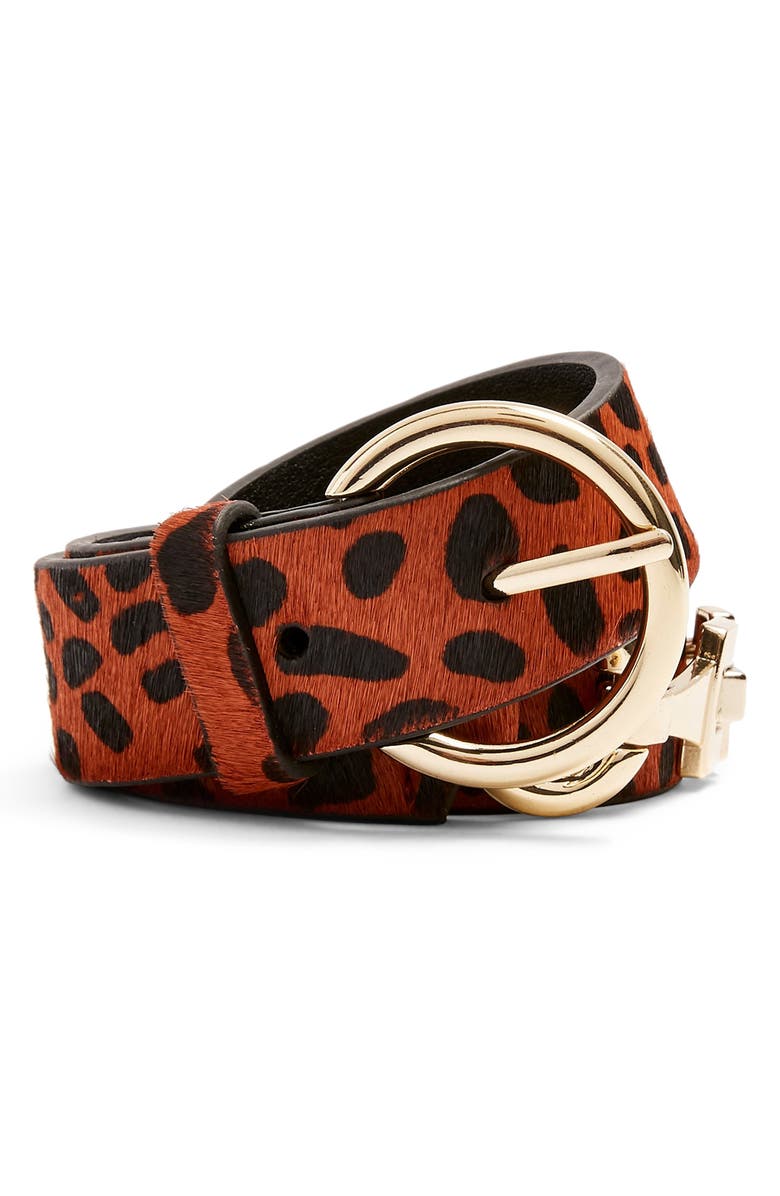 Topshop Leopard Print Genuine Calf Hair Belt, Main, color,