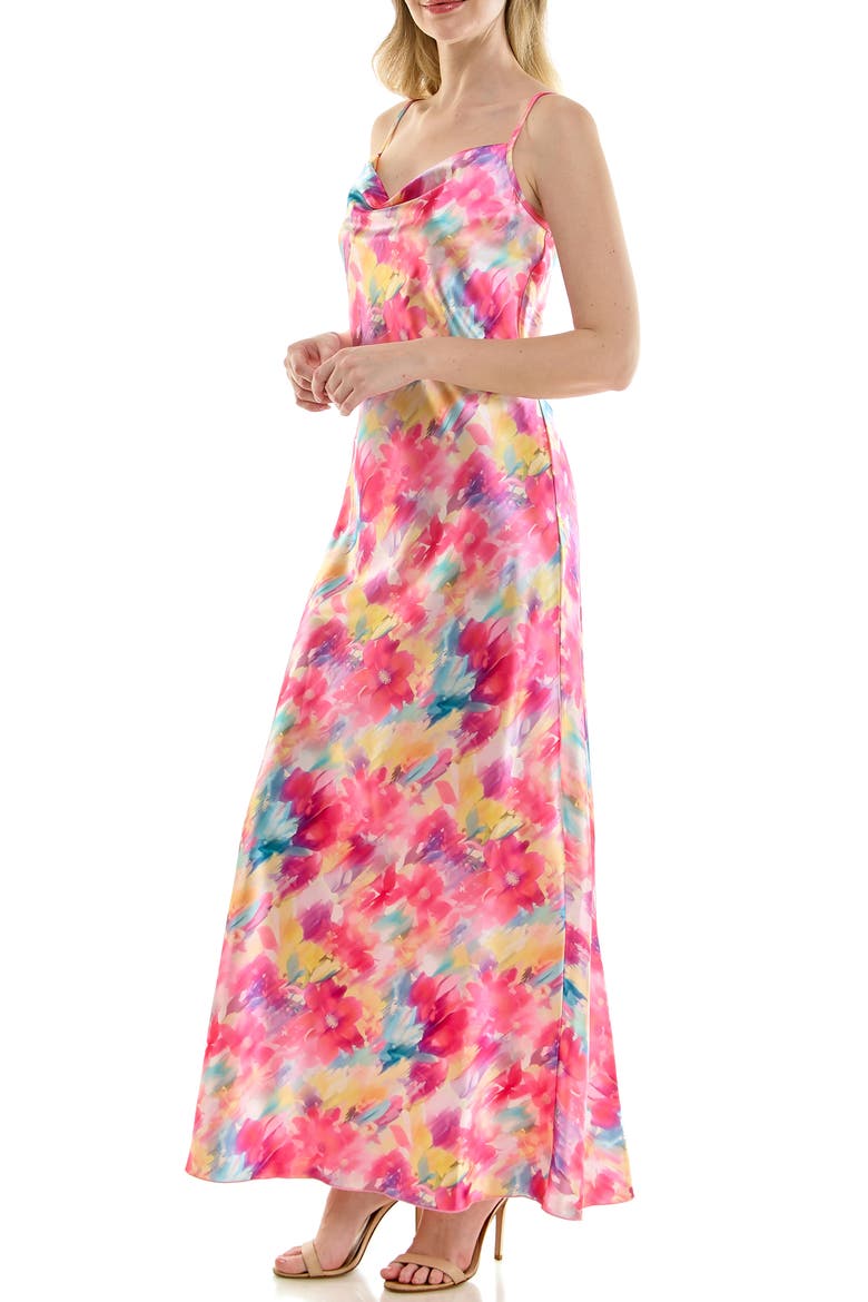 Bias Cut Satin Maxi Dress, Alternate, color, TEAL MULTI