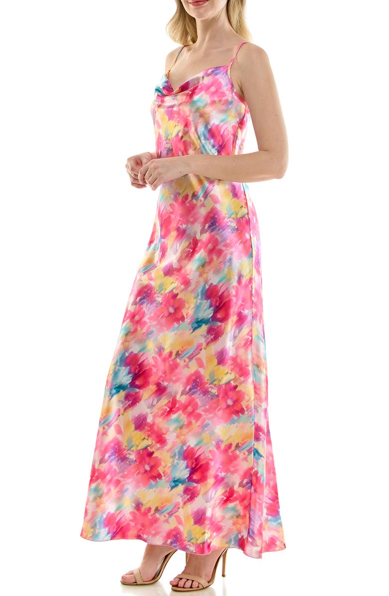 bebe Bias Cut Satin Maxi Dress, Alternate, color, Teal Multi