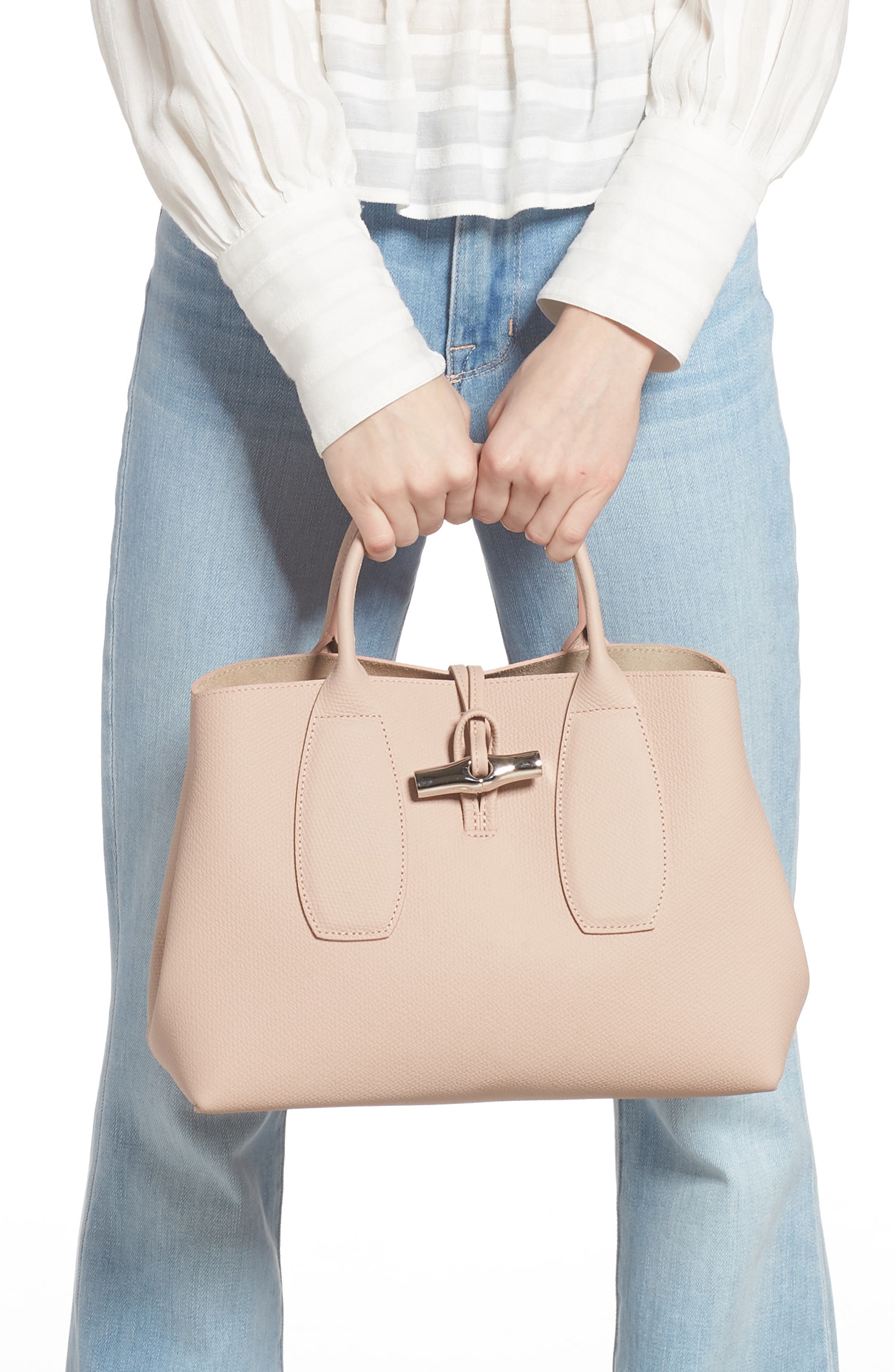Medium Roseau Leather Tote, Alternate, color, POWDER
