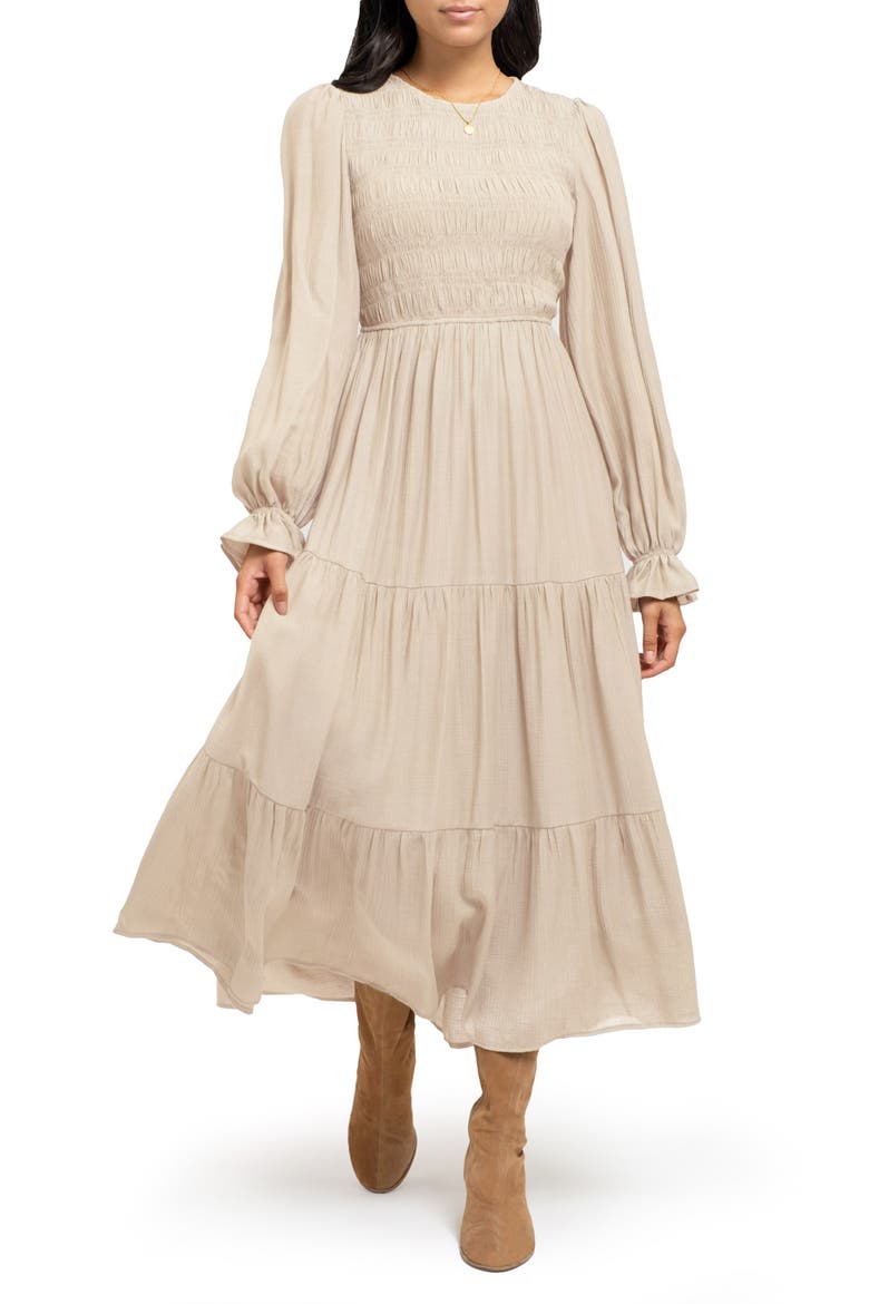 Smocked Long Sleeve Tiered Dress, Main, color, CHAMPAGNE