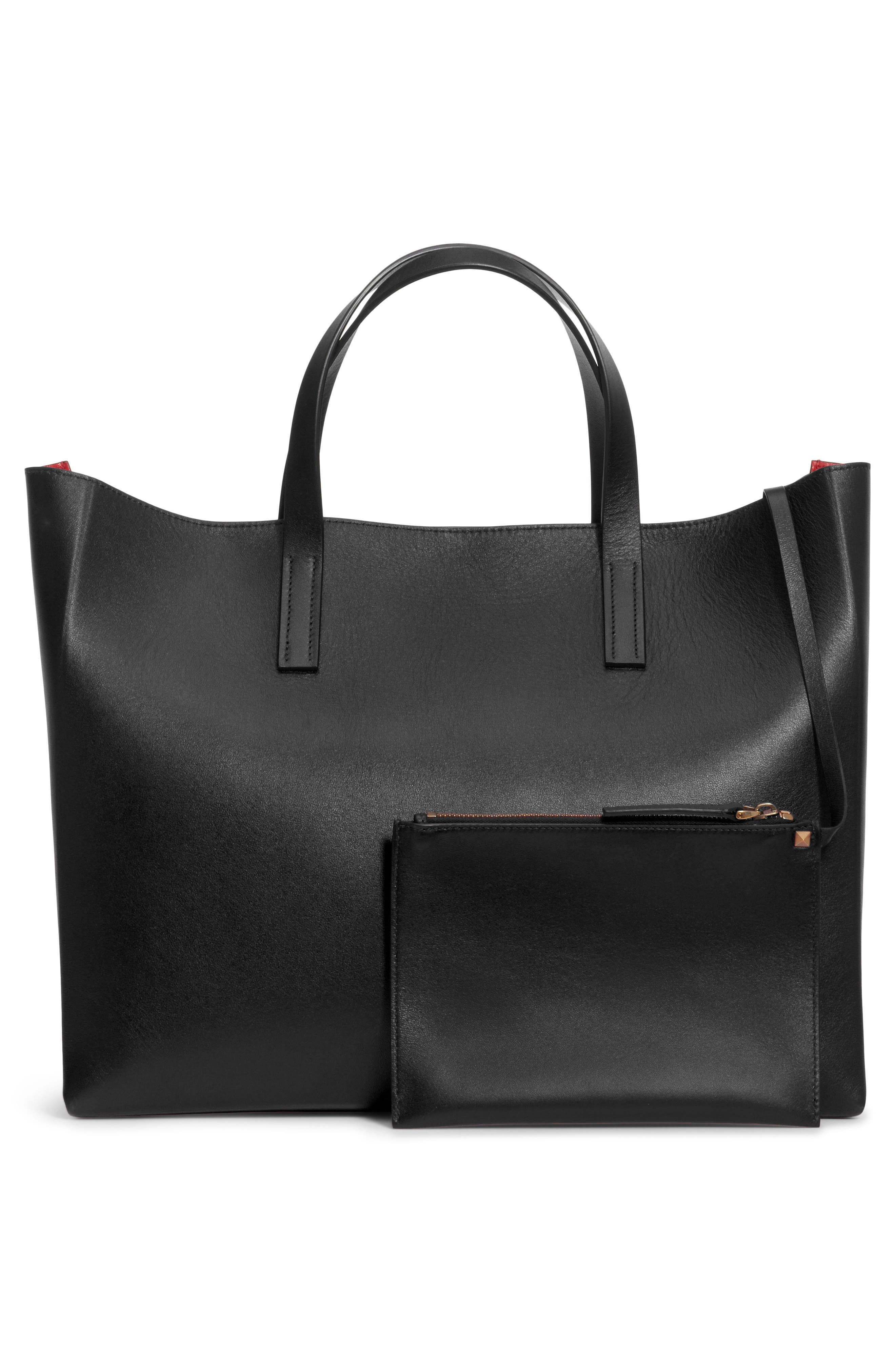 V-Ring Leather Tote, Alternate, color, NERO/ ROUGE PUR