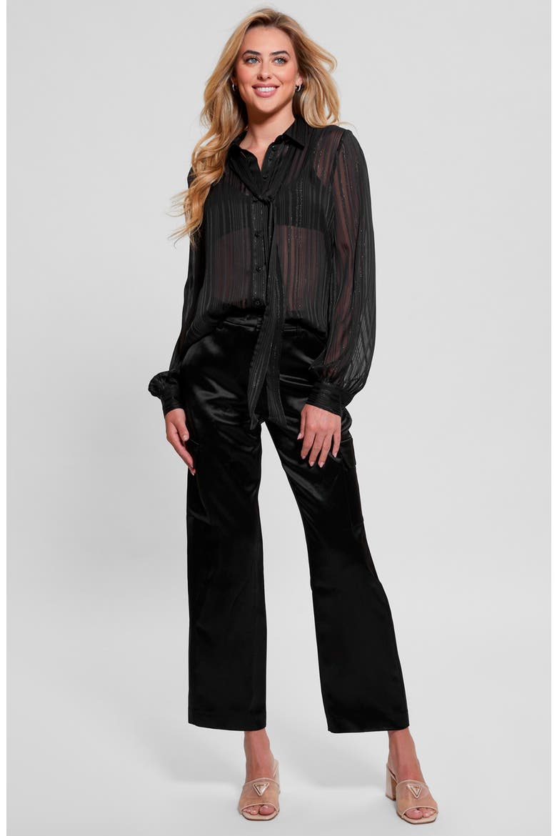 Oriane Tie Neck Metallic Tonal Stripe Satin Button-Up Shirt, Alternate, color, JET BLACK