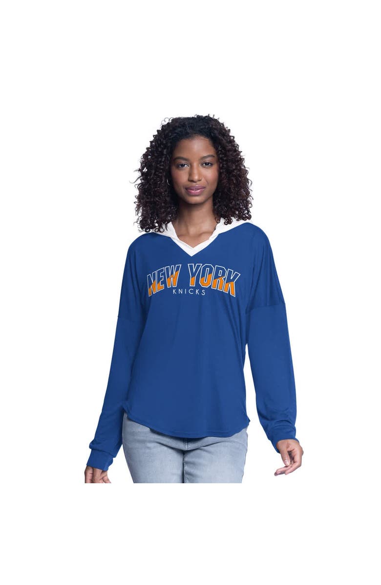 G-III 4HER BY CARL BANKS Women's G-III 4Her by Carl Banks Blue New York Knicks Bench Player Oversized Long Sleeve Hooded Top, Main, color, Blue