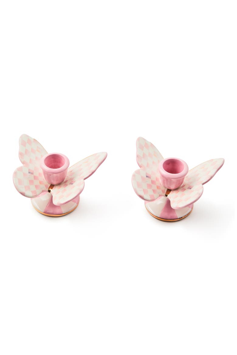 Rosy Check Set of 2 Butterfly Candleholders, Main, color, ROSY