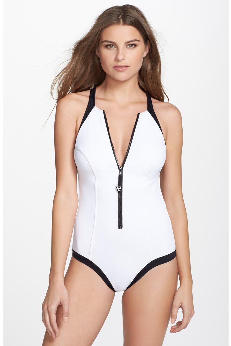 'Block Party' Front Zip One-Piece Swimsuit, Main, color, WHITE