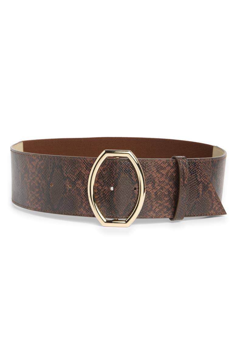 Vince Camuto Snakeskin Print Wide Belt, Main, color, Chocolate