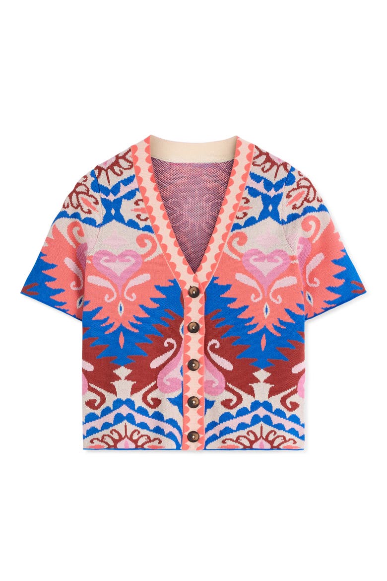 Short Sleeve Jacquard Cardigan, Alternate, color, AZTEC