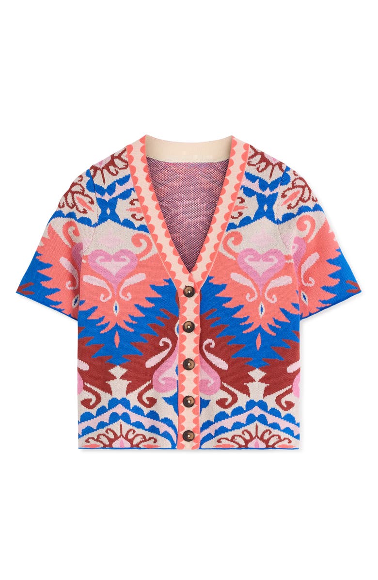 Boden Short Sleeve Jacquard Cardigan, Alternate, color, Aztec