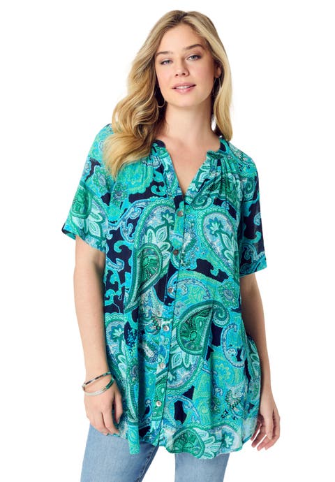 Plus Size Angelina Crinkle Crepe Y-Neck Short Sleeve Tunic (Plus)