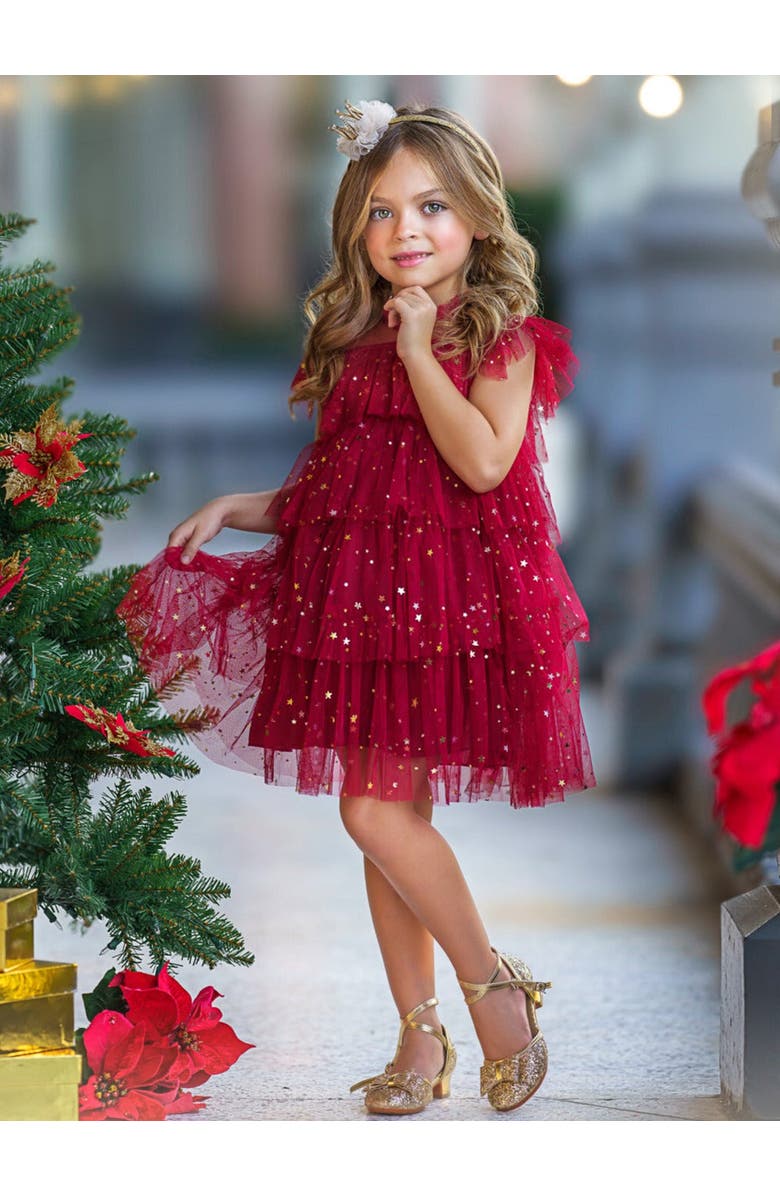 Mia Belle Girls Dancing Star Sequin Tiered Tulle Dress, Alternate, color, Red