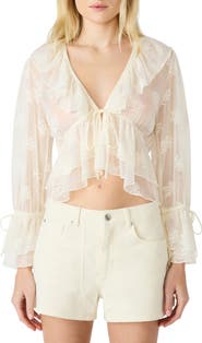 Steve Madden Montana Floral Embroidery Ruffle Detail Knit Top