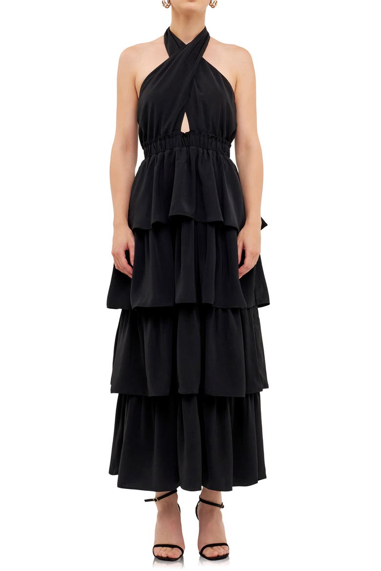 Halter Neck Tiered Maxi Dress, Alternate, color, BLACK