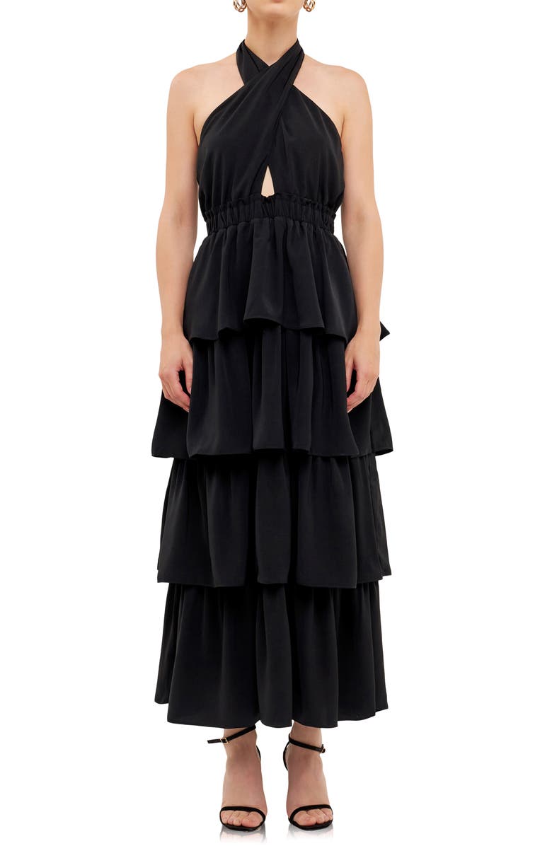 Endless Rose Halter Neck Tiered Maxi Dress, Alternate, color, Black