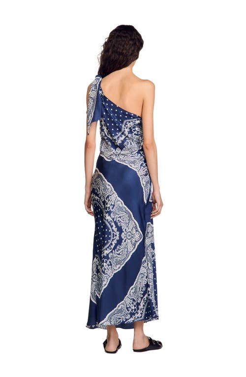 Sandro Womens Bleus Graphic-print One-shoulder Woven Maxi Dress In Blu/white