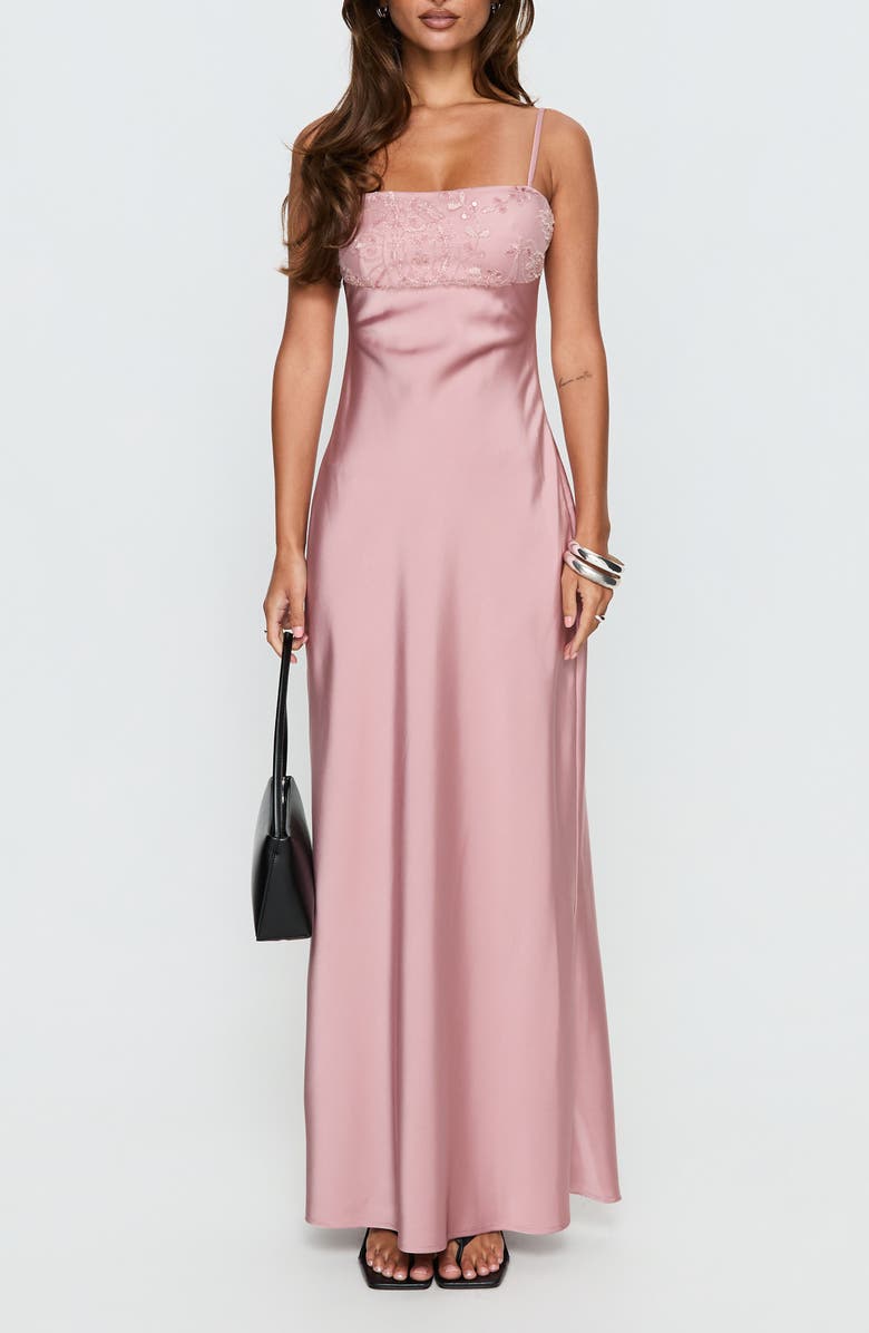 Princess Polly Engracia Sequin Sleeveless Satin Gown, Main, color, 