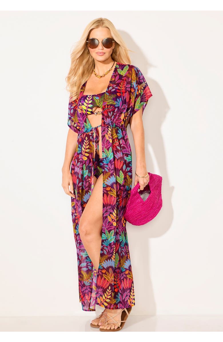 Swimsuits for All Open Front Tie-Waist Maxi Cover Up, Alternate, color, Black Cherry Boho