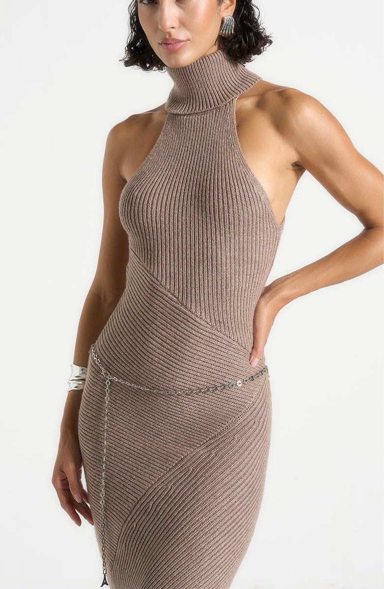 Manière De Voir Belina Halter Neck Knitted Maxi Dress With Chain, Alternate, color, Taupe