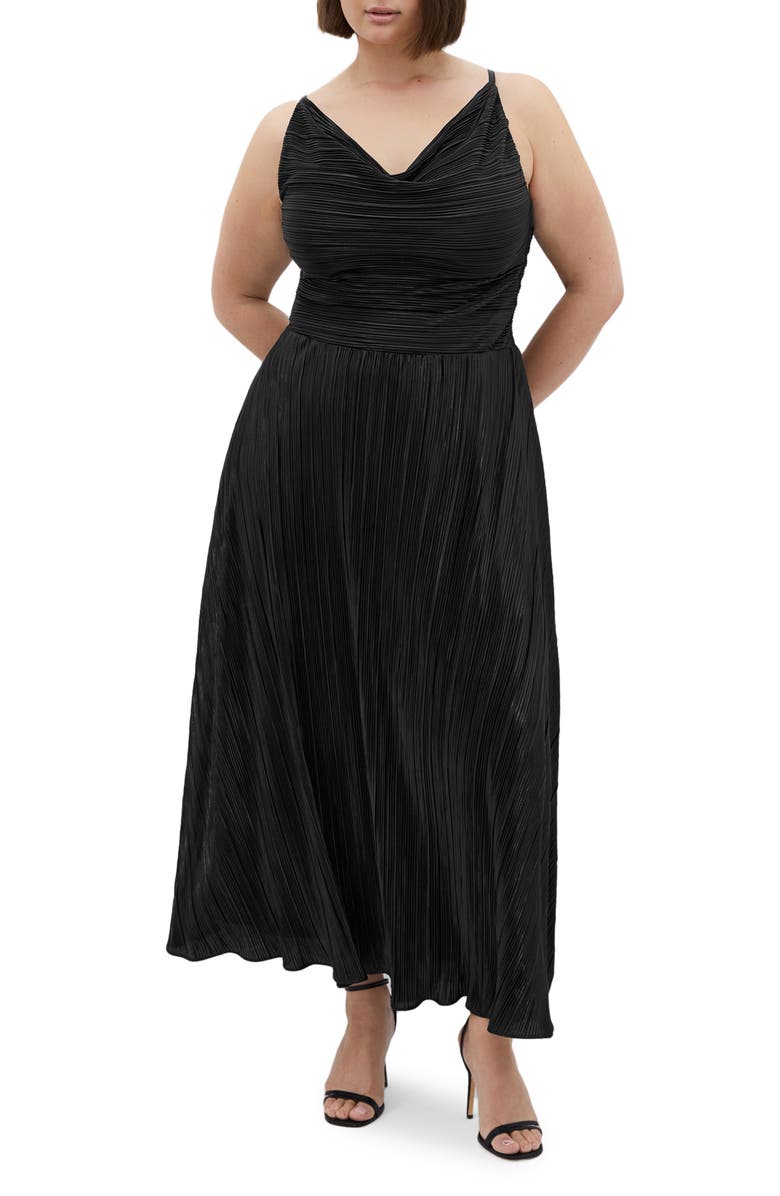 City Chic Kamila Cowl Neck Metallic Plissé Maxi Dress, Main, color, 