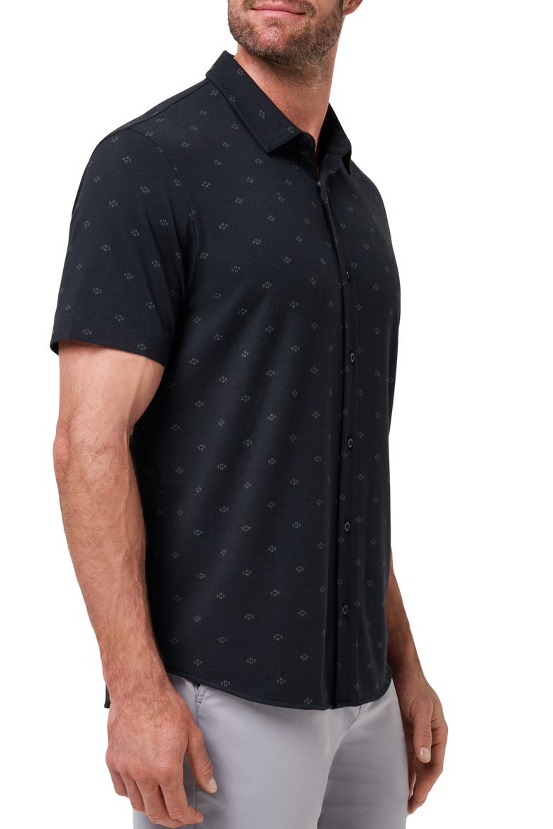 Shore of It Geo Print Short Sleeve Button-Up Knit Shirt, Alternate, color, BLACK