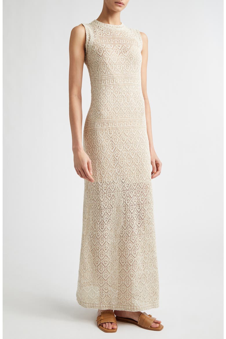 Metallic Linen, Cotton & Silk Blend Pointelle Maxi Sweater Dress, Main, color, IVORY