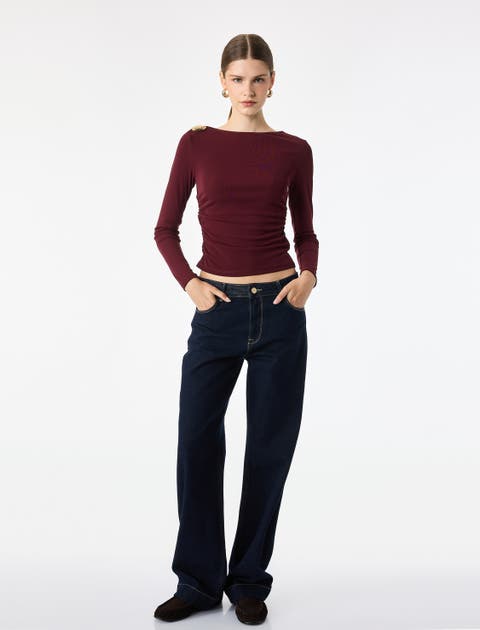 Slim Fit Asymmetric Long Sleeve Top With Metal Shoulder Accent