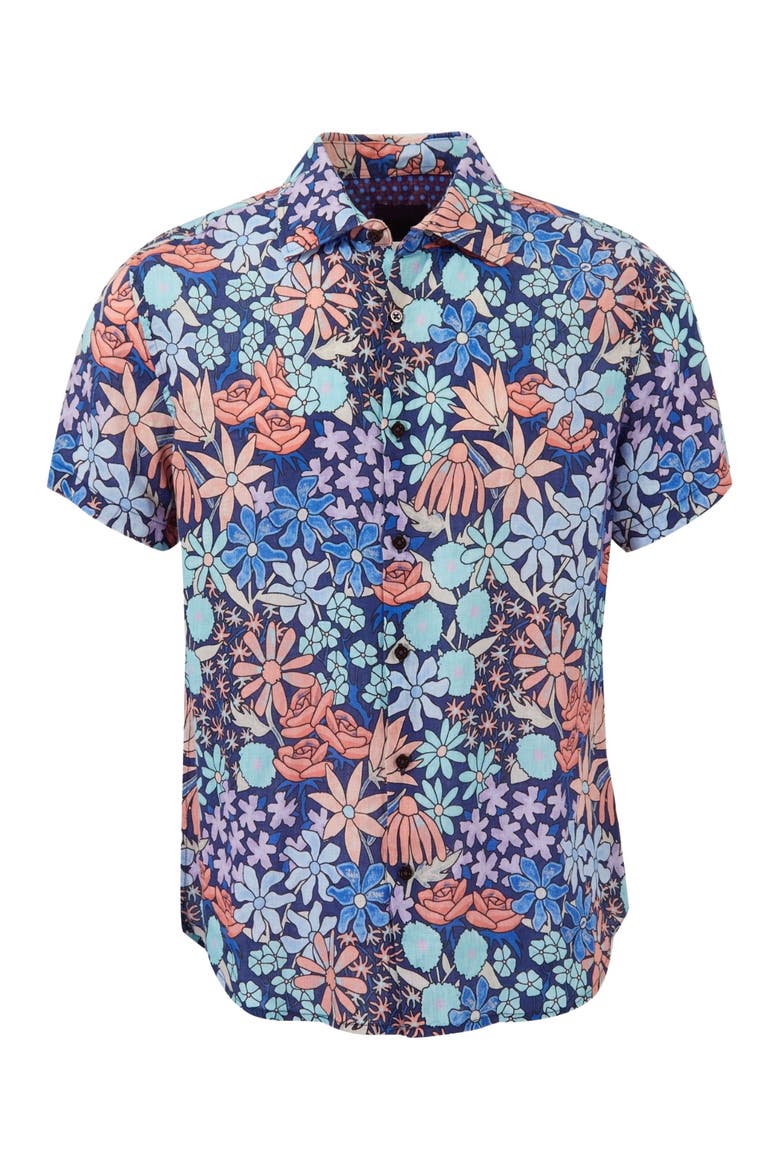Rough Floral Short Sleeve Fine Linen Shirt, Alternate, color, ROUGH FLORAL NAVY