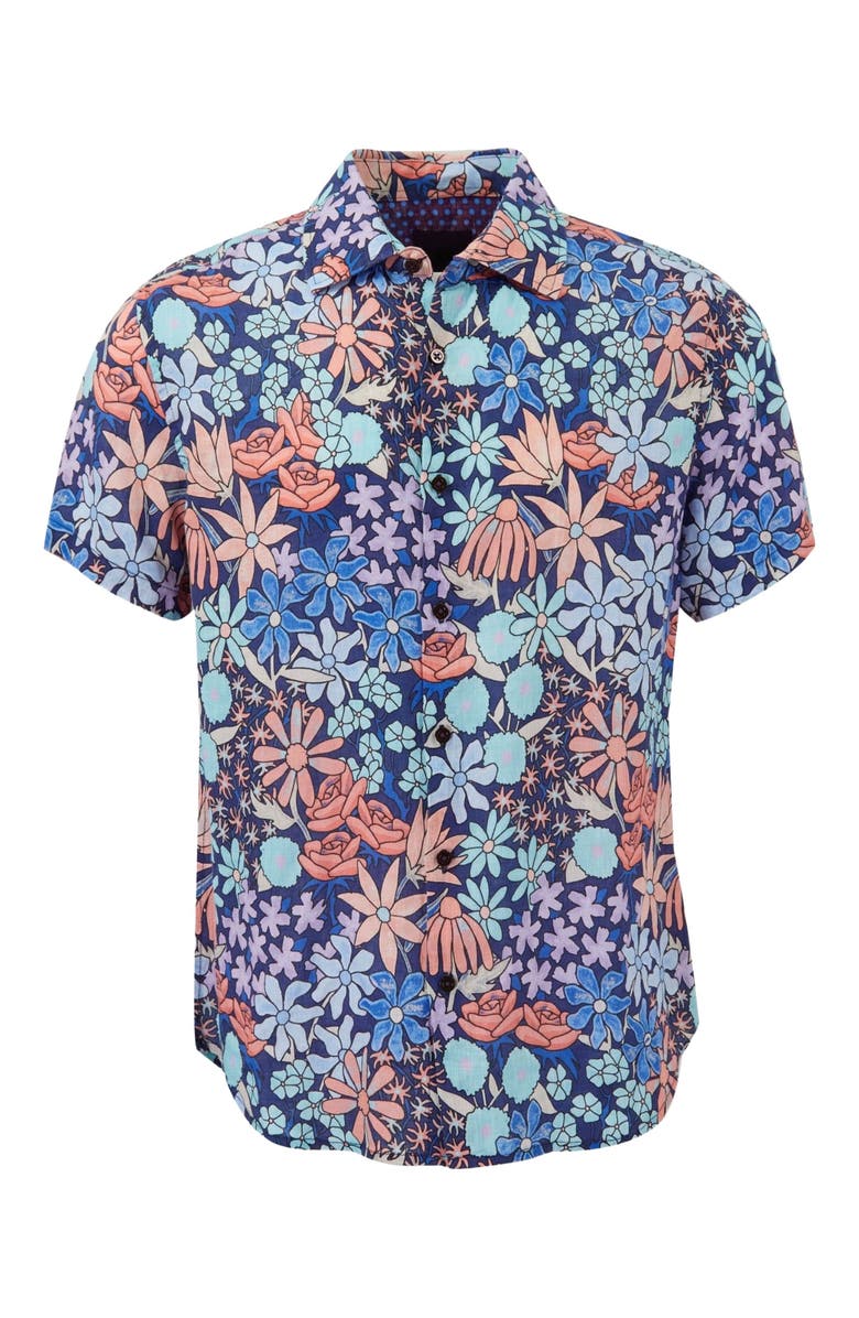 Lords of Harlech Rough Floral Short Sleeve Fine Linen Shirt, Alternate, color, Rough Floral Navy