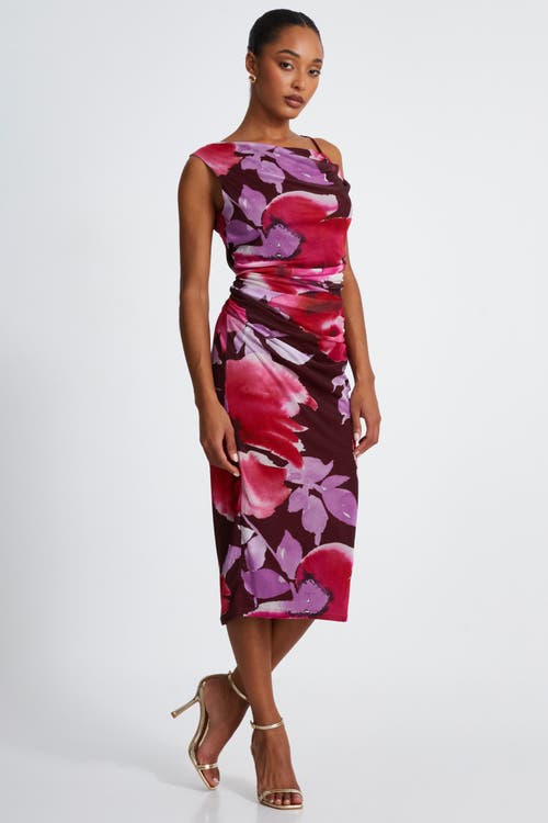 Quiz Floral Asymmetric Ruched Maxi Dress In Berry