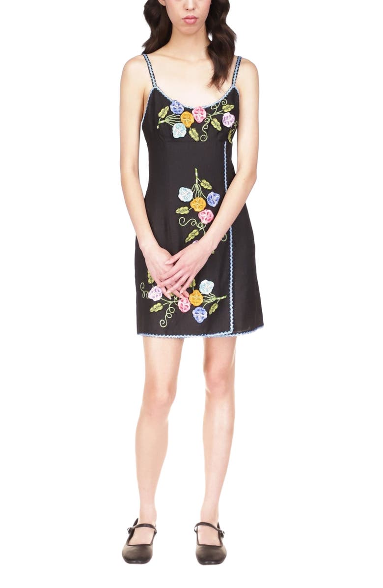 Anna Sui 3-D Pansy Embroidered on Linen Dress, Main, color, 