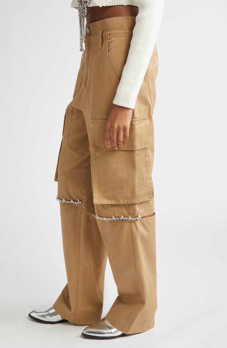 Area Crystal Trim Slit Cargo Pants, Alternate, color, Tan