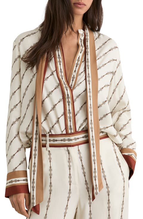 Lydia Chain Print Tie Neck Button-Up top