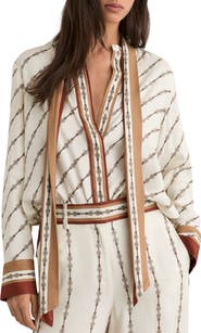 Reiss Lydia Chain Print Tie Neck Button-Up top